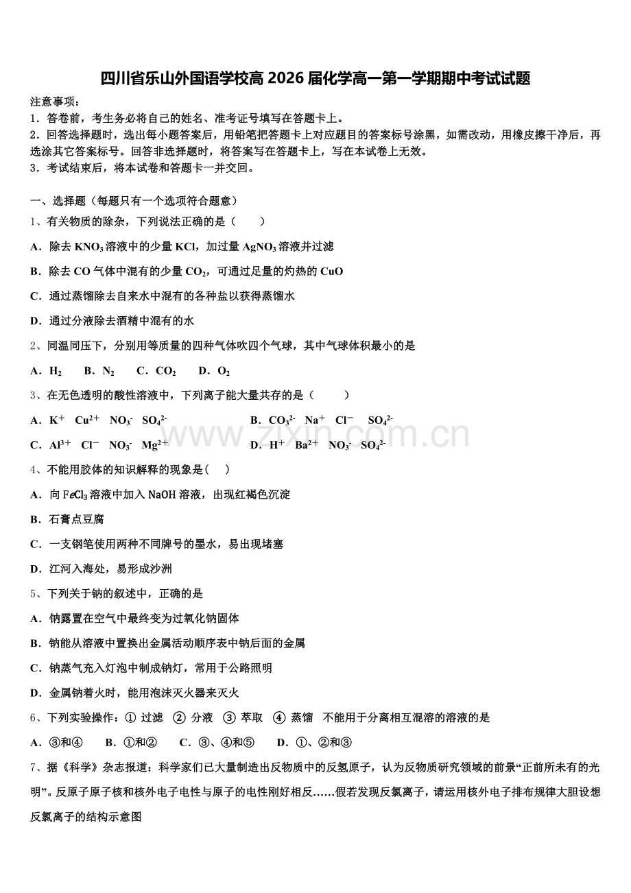 四川省乐山外国语学校高2026届化学高一第一学期期中考试试题含解析.doc_第1页