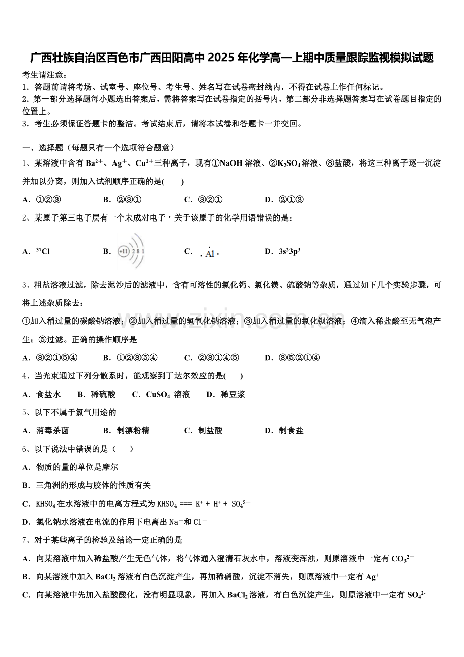 广西壮族自治区百色市广西田阳高中2025年化学高一上期中质量跟踪监视模拟试题含解析.doc_第1页