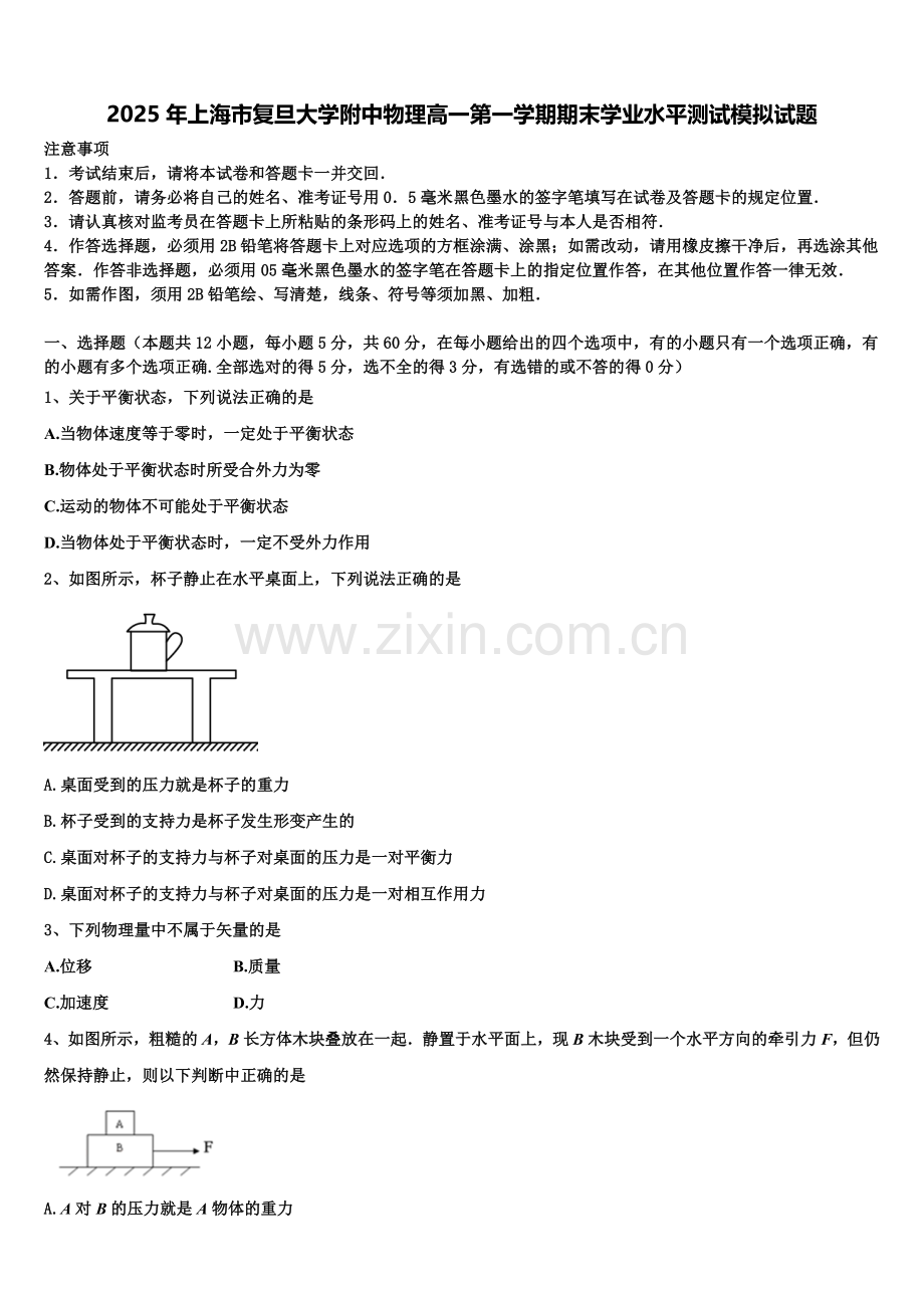 2025年上海市复旦大学附中物理高一第一学期期末学业水平测试模拟试题含解析.doc_第1页