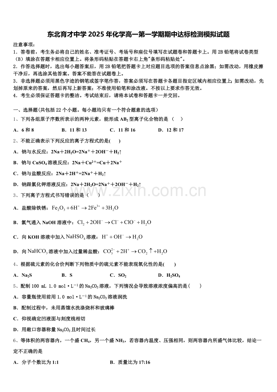 东北育才中学2025年化学高一第一学期期中达标检测模拟试题含解析.doc_第1页