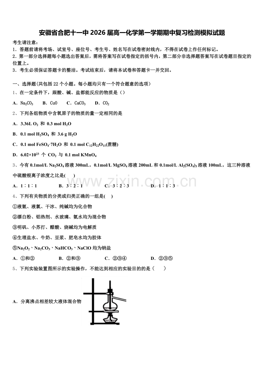 安徽省合肥十一中2026届高一化学第一学期期中复习检测模拟试题含解析.doc_第1页