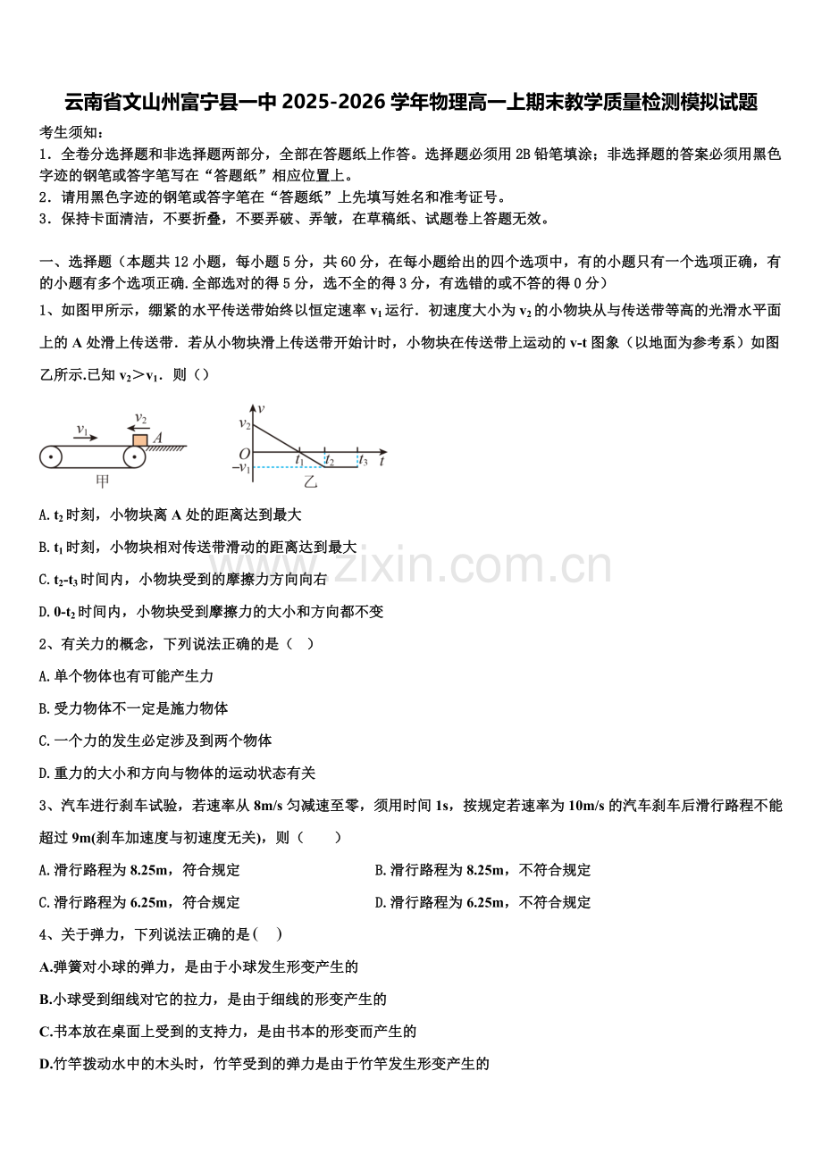 云南省文山州富宁县一中2025-2026学年物理高一上期末教学质量检测模拟试题含解析.doc_第1页