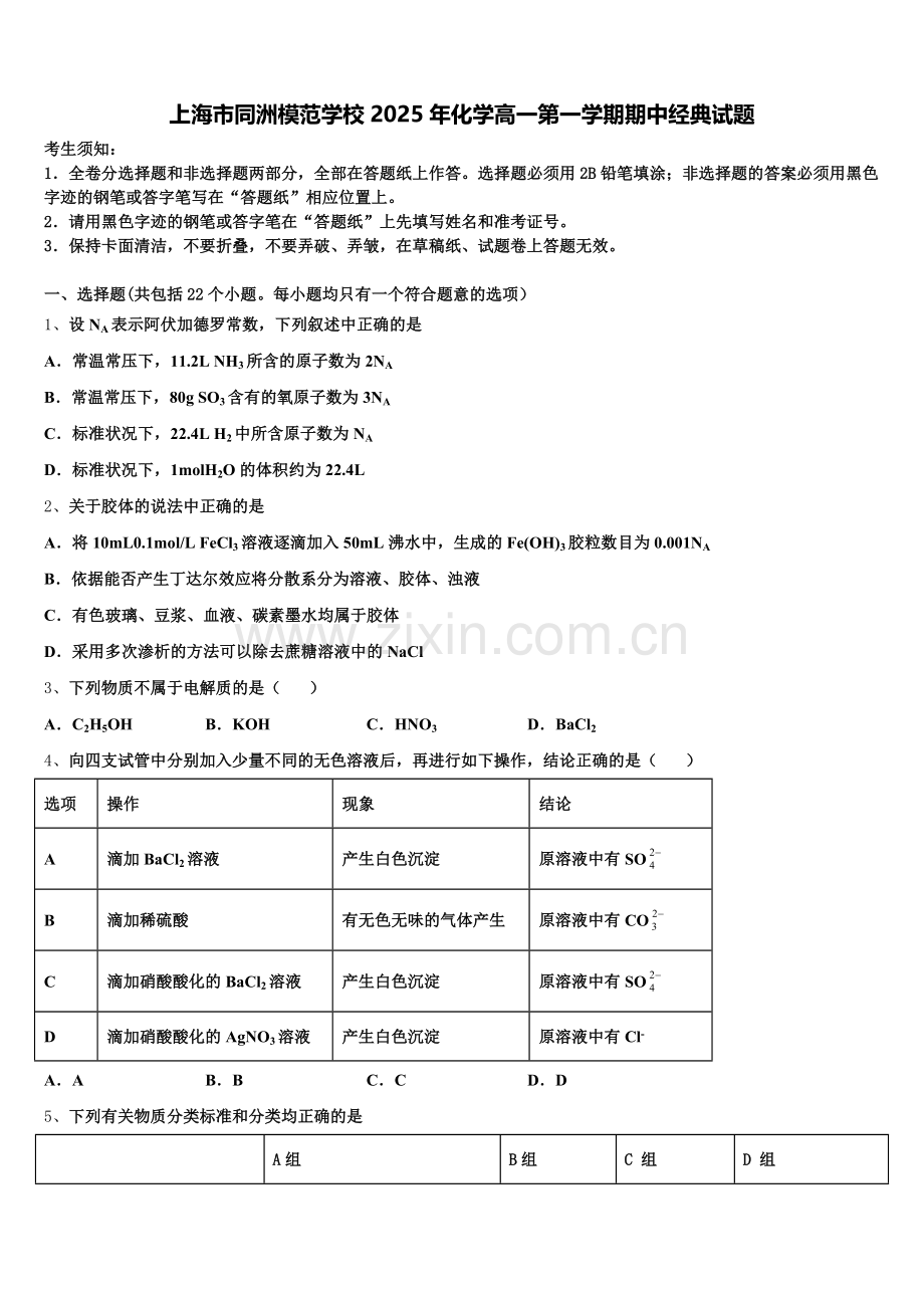 上海市同洲模范学校2025年化学高一第一学期期中经典试题含解析.doc_第1页