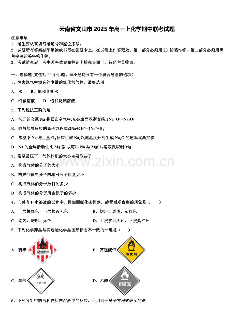 云南省文山市2025年高一上化学期中联考试题含解析.doc_第1页