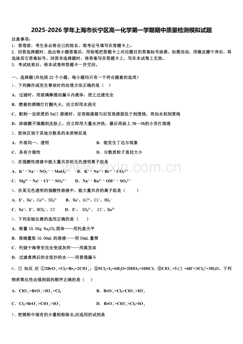 2025-2026学年上海市长宁区高一化学第一学期期中质量检测模拟试题含解析.doc_第1页