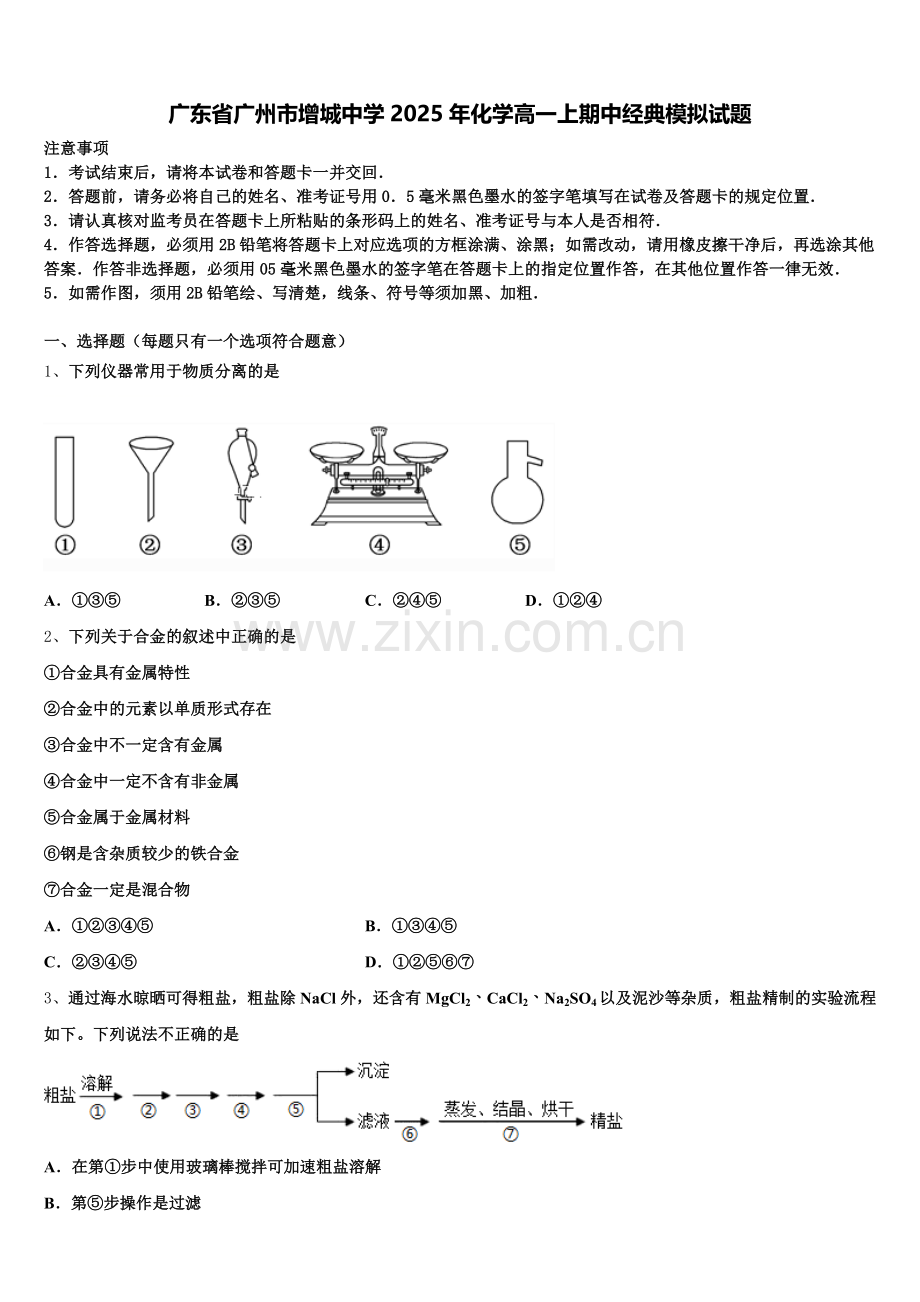 广东省广州市增城中学2025年化学高一上期中经典模拟试题含解析.doc_第1页