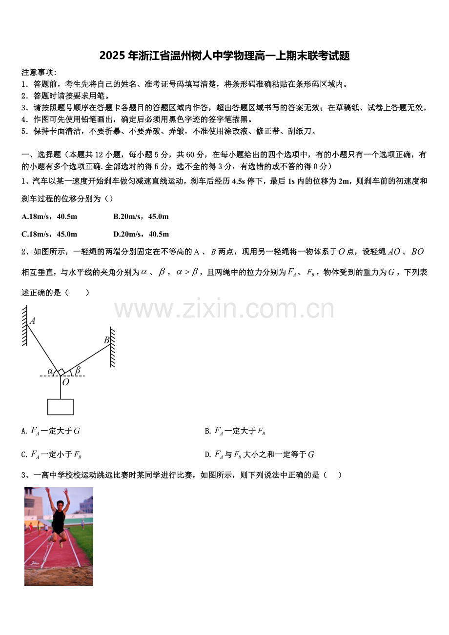 2025年浙江省温州树人中学物理高一上期末联考试题含解析.doc_第1页