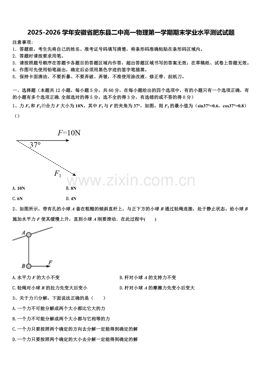 2025-2026学年安徽省肥东县二中高一物理第一学期期末学业水平测试试题含解析.doc_第1页