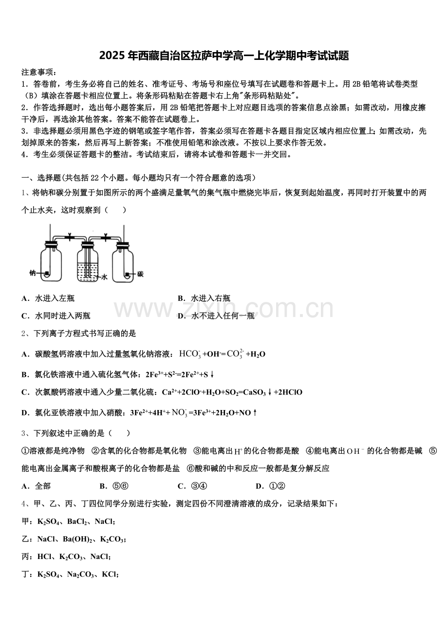 2025年西藏自治区拉萨中学高一上化学期中考试试题含解析.doc_第1页
