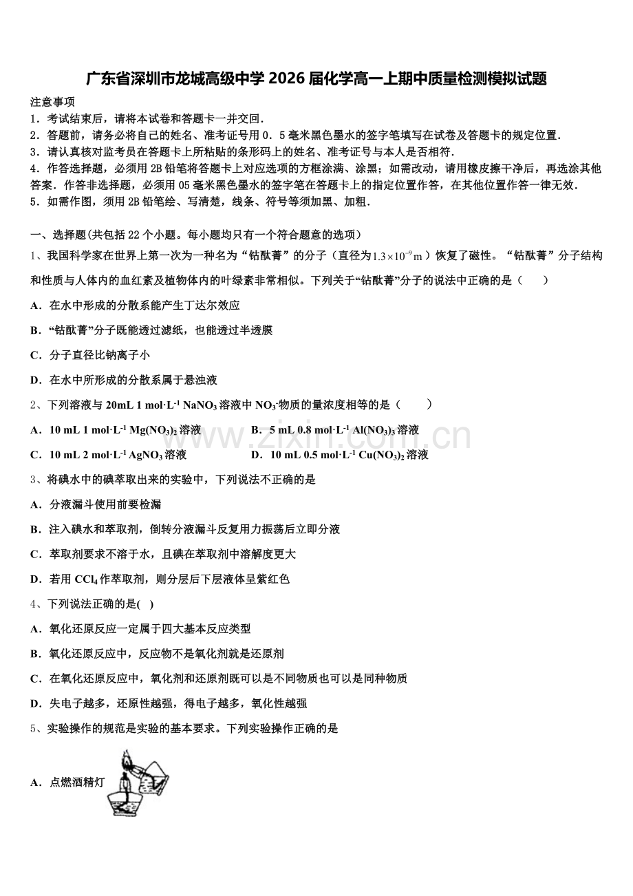 广东省深圳市龙城高级中学2026届化学高一上期中质量检测模拟试题含解析.doc_第1页