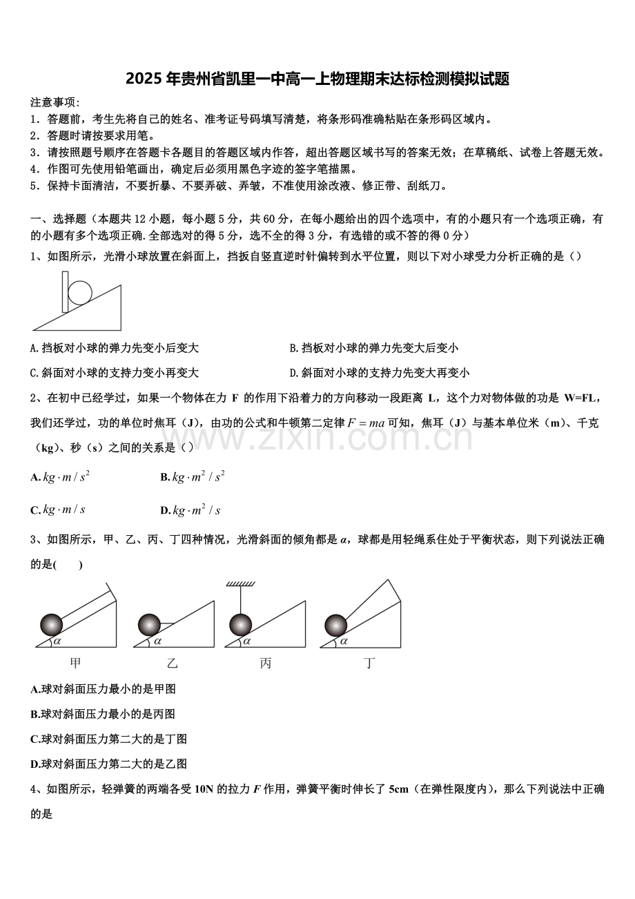 2025年贵州省凯里一中高一上物理期末达标检测模拟试题含解析.doc_第1页