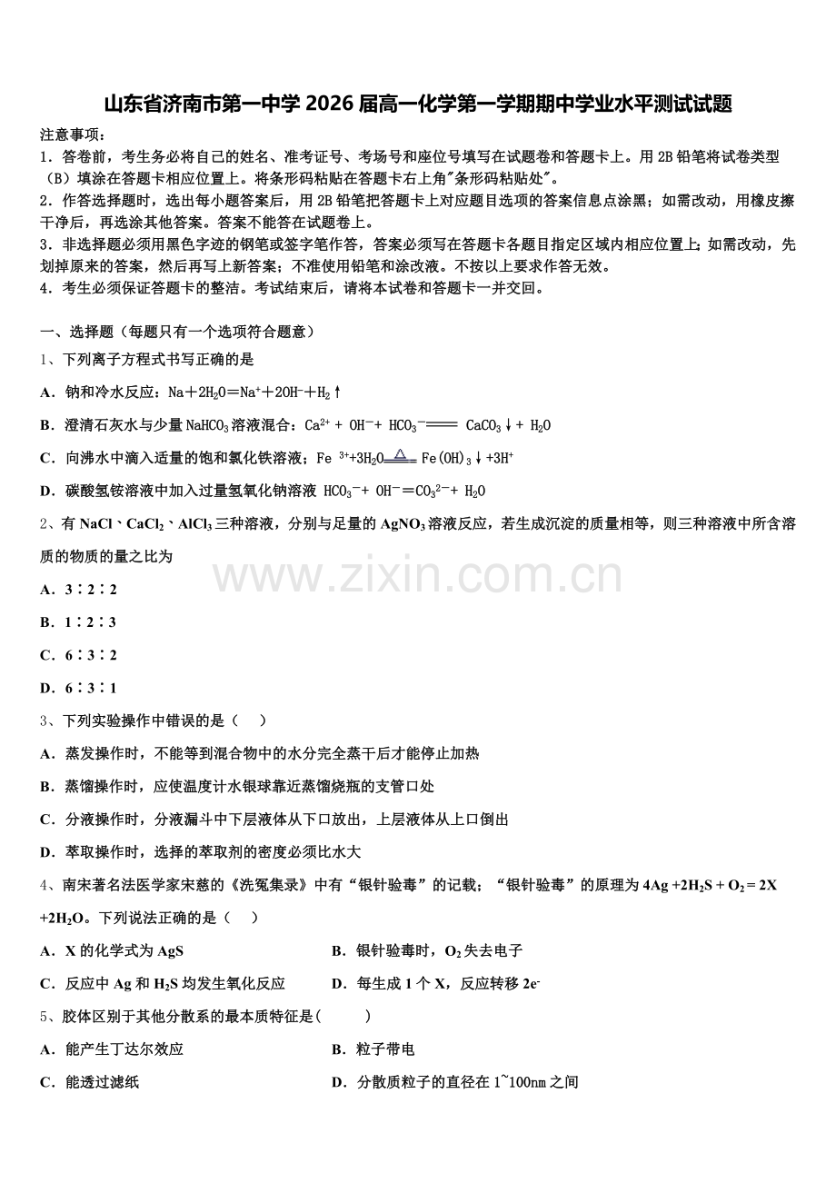 山东省济南市第一中学2026届高一化学第一学期期中学业水平测试试题含解析.doc_第1页