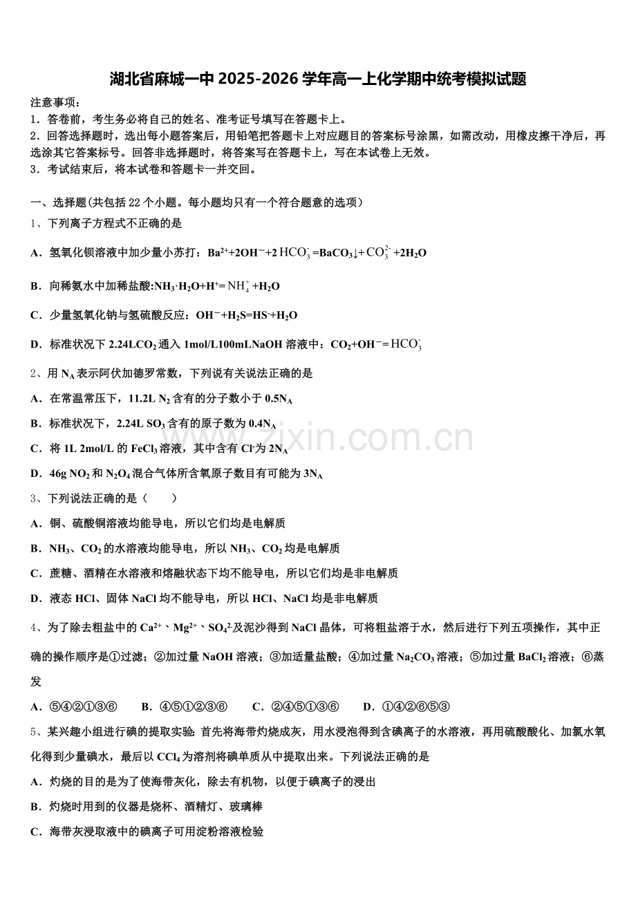 湖北省麻城一中2025-2026学年高一上化学期中统考模拟试题含解析.doc_第1页