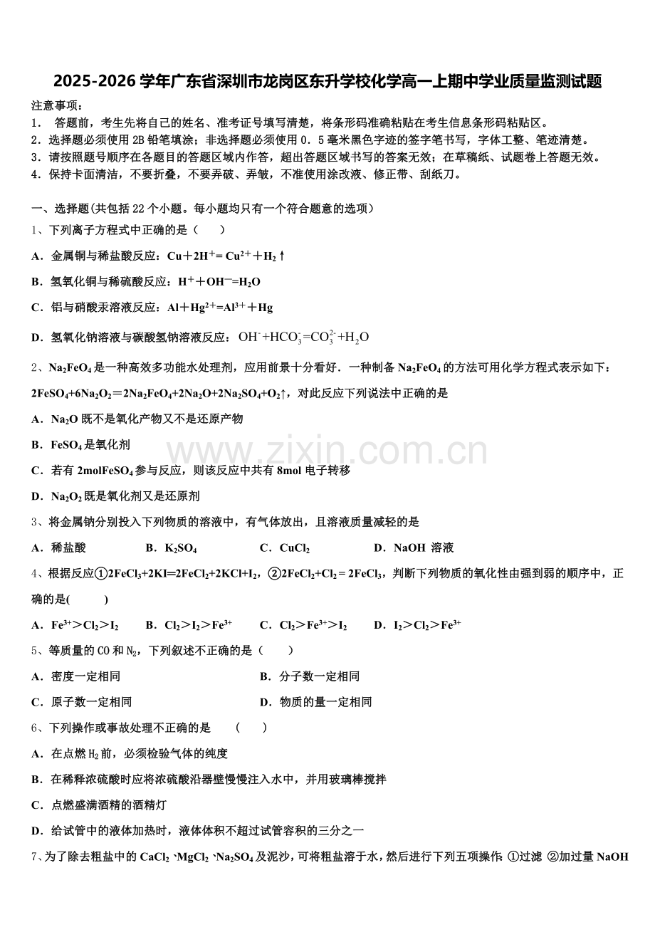 2025-2026学年广东省深圳市龙岗区东升学校化学高一上期中学业质量监测试题含解析.doc_第1页