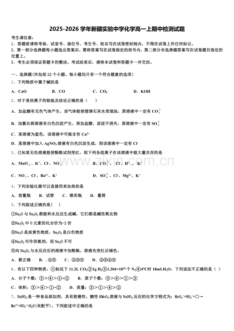 2025-2026学年新疆实验中学化学高一上期中检测试题含解析.doc_第1页