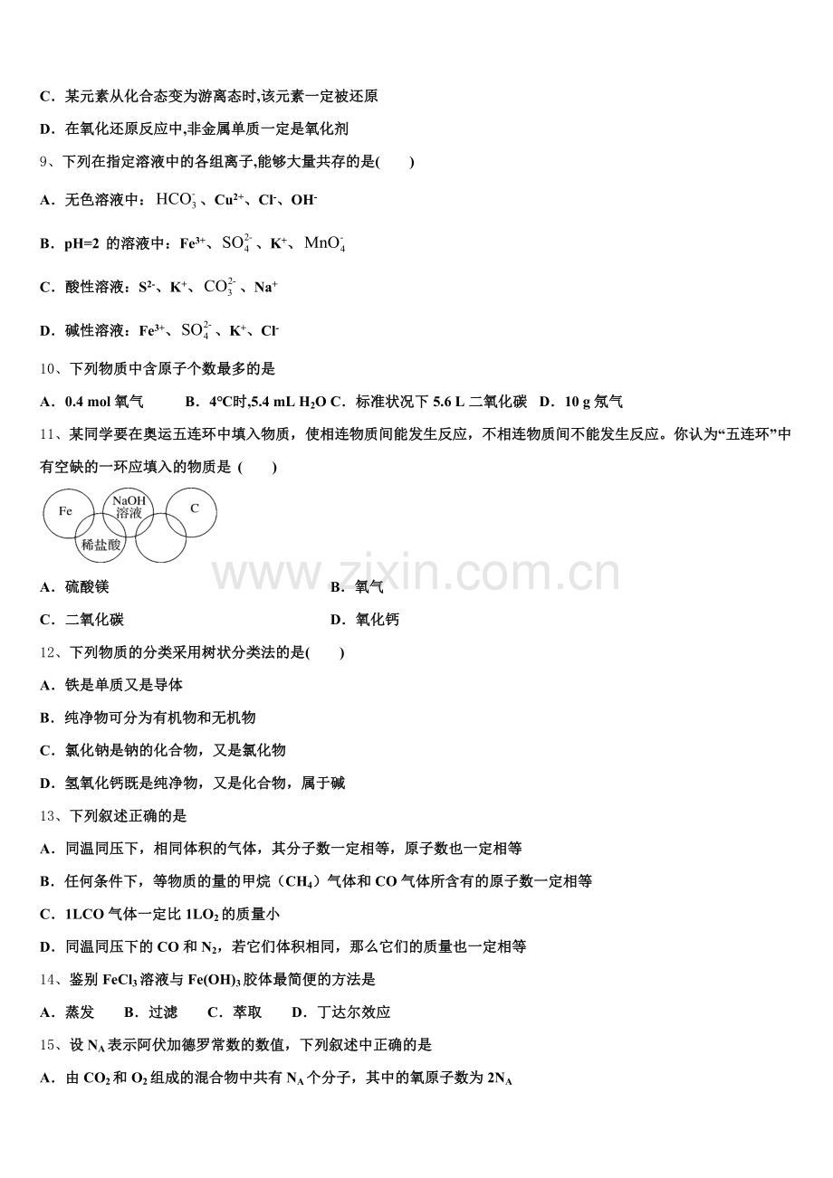 2025年山东滕州市第一中学化学高一上期中统考模拟试题含解析.doc_第2页