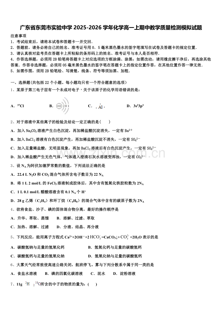 广东省东莞市实验中学2025-2026学年化学高一上期中教学质量检测模拟试题含解析.doc_第1页