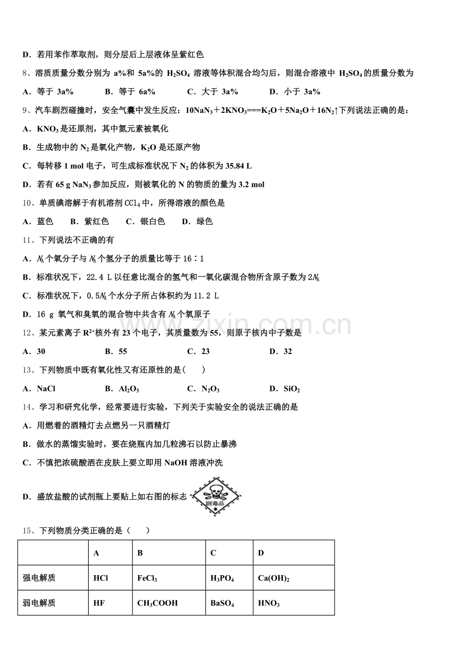 2026届重庆市璧山中学校化学高一第一学期期中联考试题含解析.doc_第2页