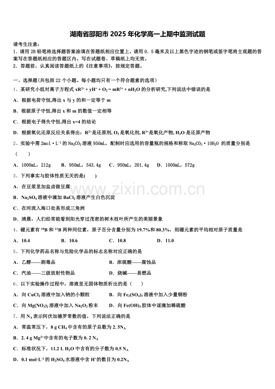 湖南省邵阳市2025年化学高一上期中监测试题含解析.doc_第1页