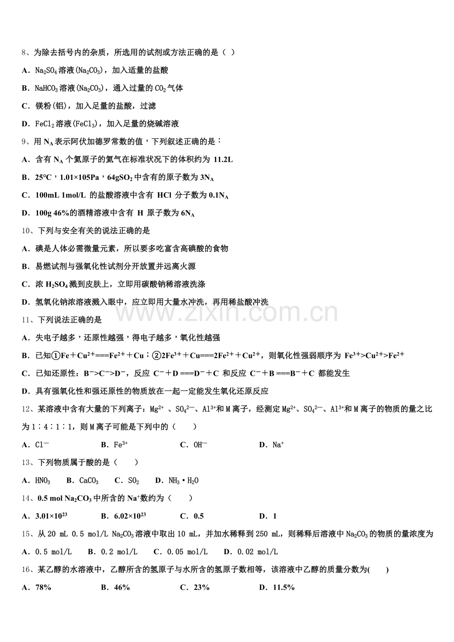 湖南省邵阳市2025年化学高一上期中监测试题含解析.doc_第2页