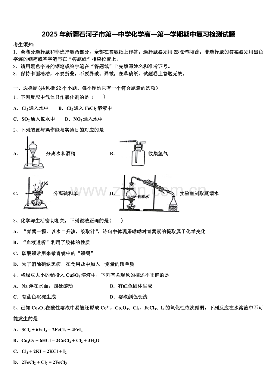2025年新疆石河子市第一中学化学高一第一学期期中复习检测试题含解析.doc_第1页