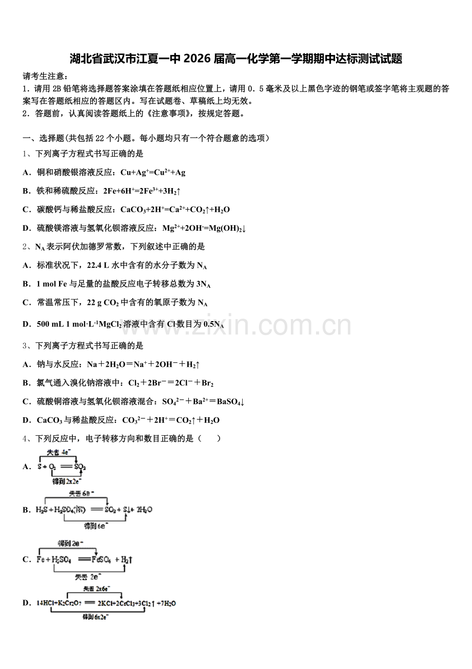 湖北省武汉市江夏一中2026届高一化学第一学期期中达标测试试题含解析.doc_第1页