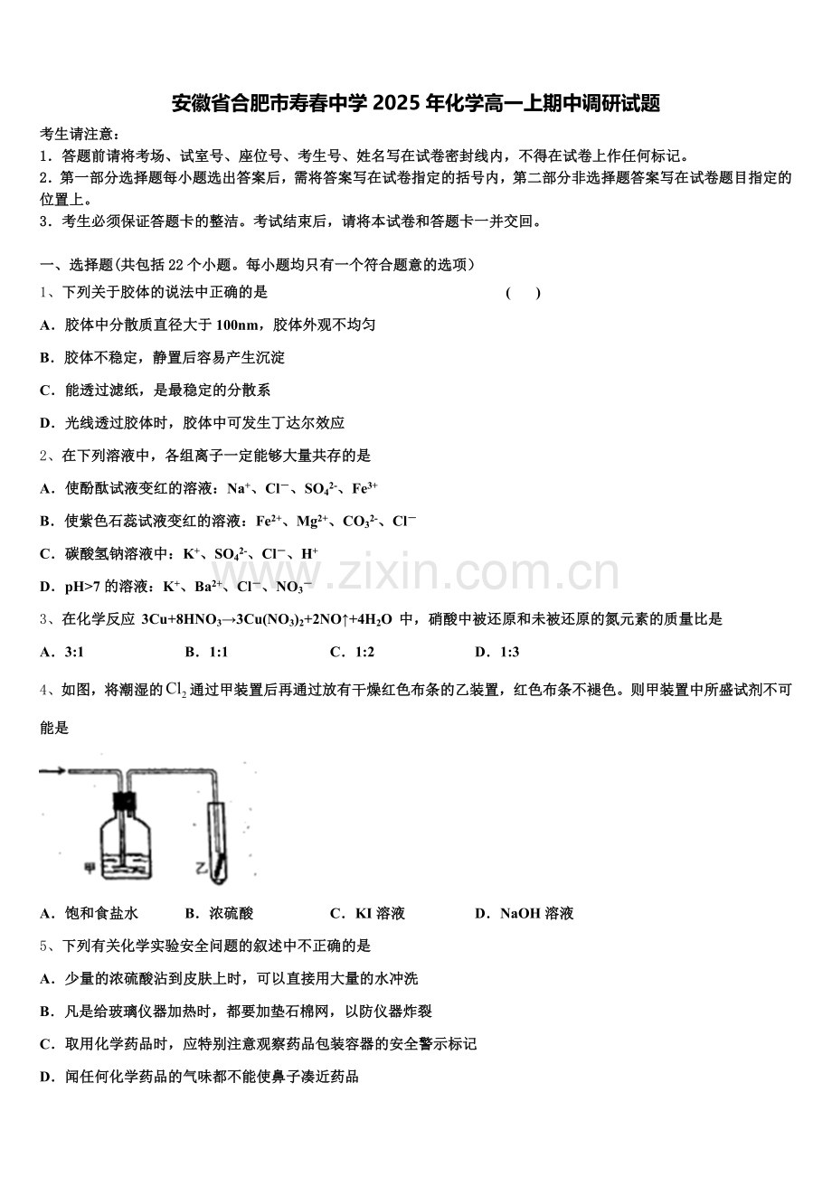 安徽省合肥市寿春中学2025年化学高一上期中调研试题含解析.doc_第1页