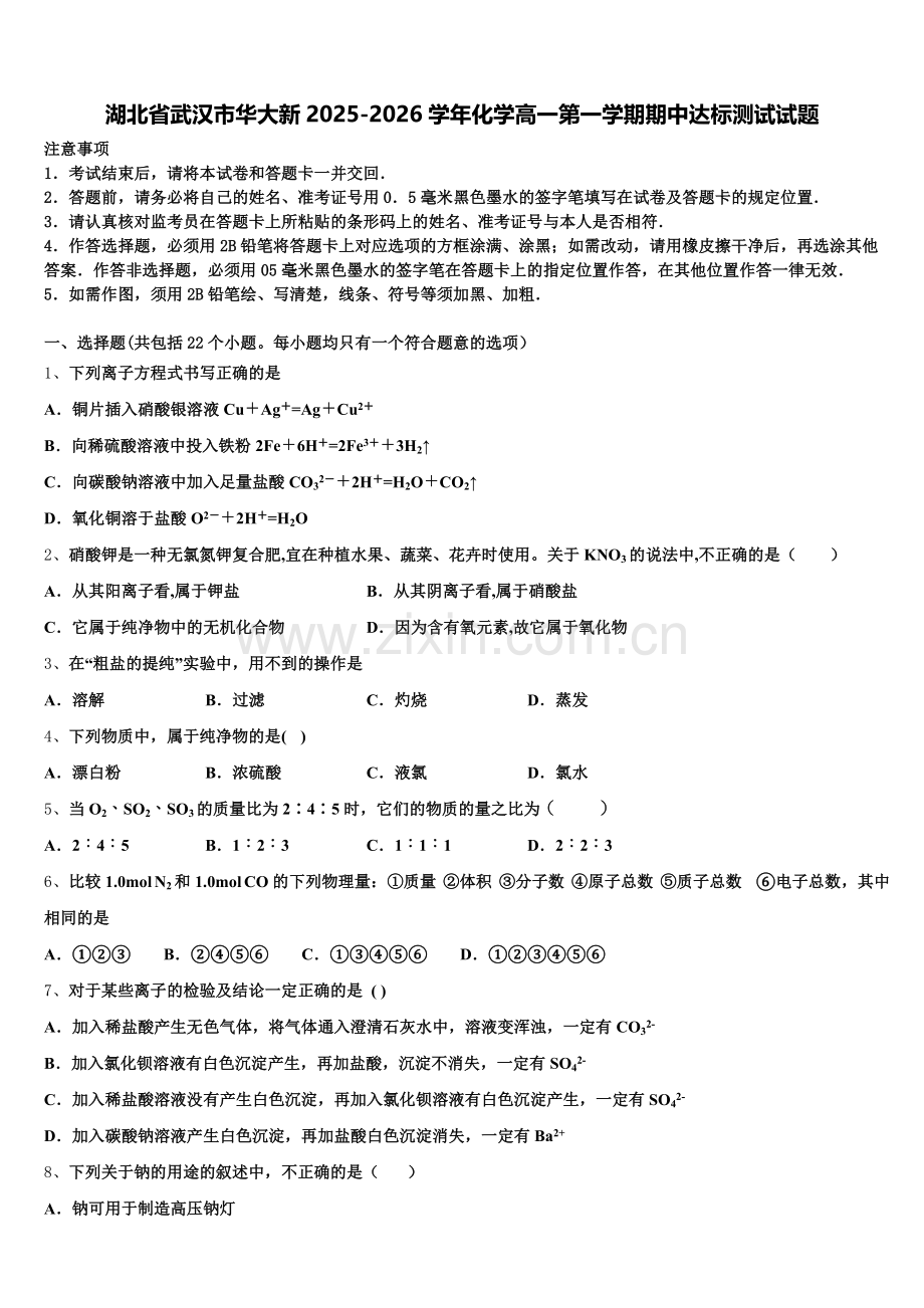 湖北省武汉市华大新2025-2026学年化学高一第一学期期中达标测试试题含解析.doc_第1页