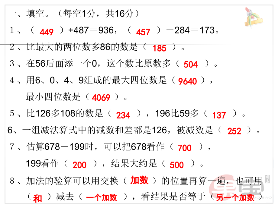 人教版小学三年级数学上册第四单元《万以内的加法和减法(二)》测试卷01.ppt_第2页