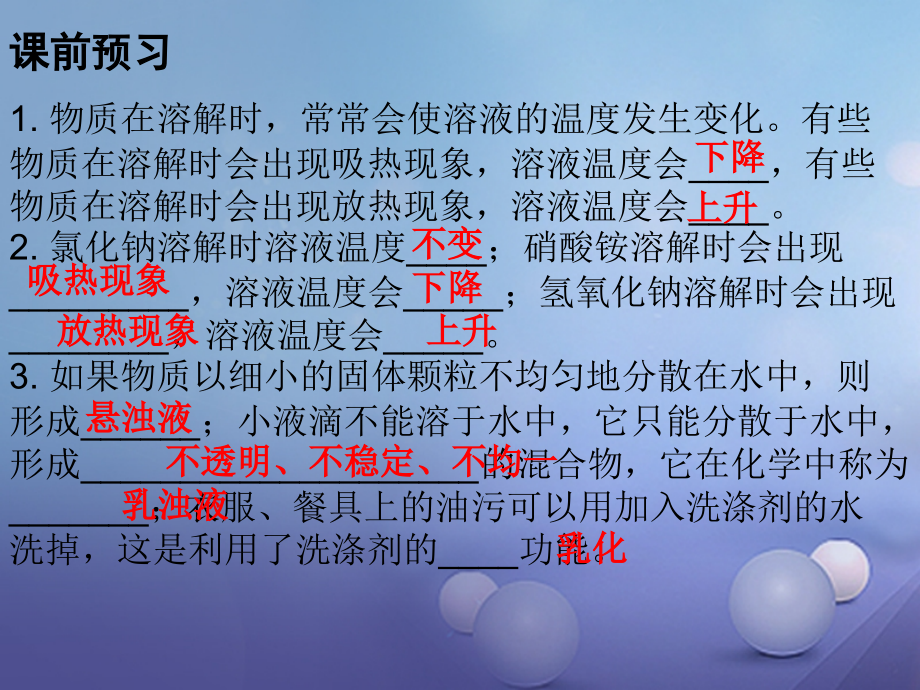 九年级化学下册第九单元溶液课题1溶液的形成课时2溶解时的吸热或放热现象、乳化现象.ppt_第2页