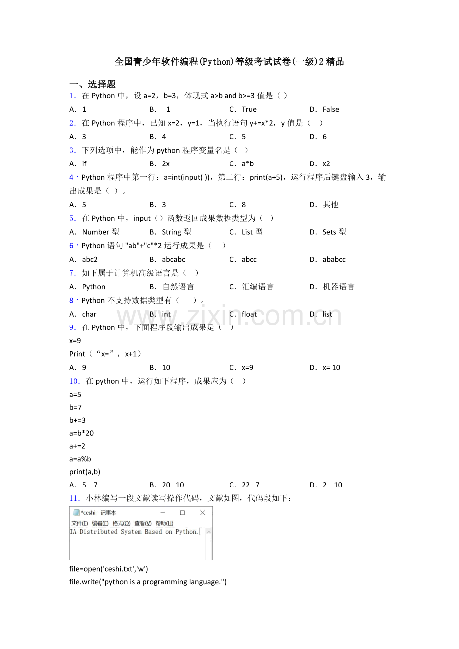 2025年全国青少年软件编程Python等级考试试卷一级26.doc_第1页
