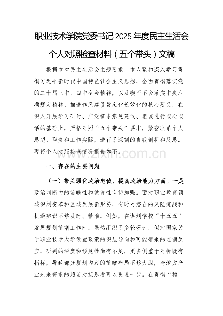 职业技术学院党委书记2025年度民主生活会个人对照检查材料（五个带头）文稿.docx_第1页