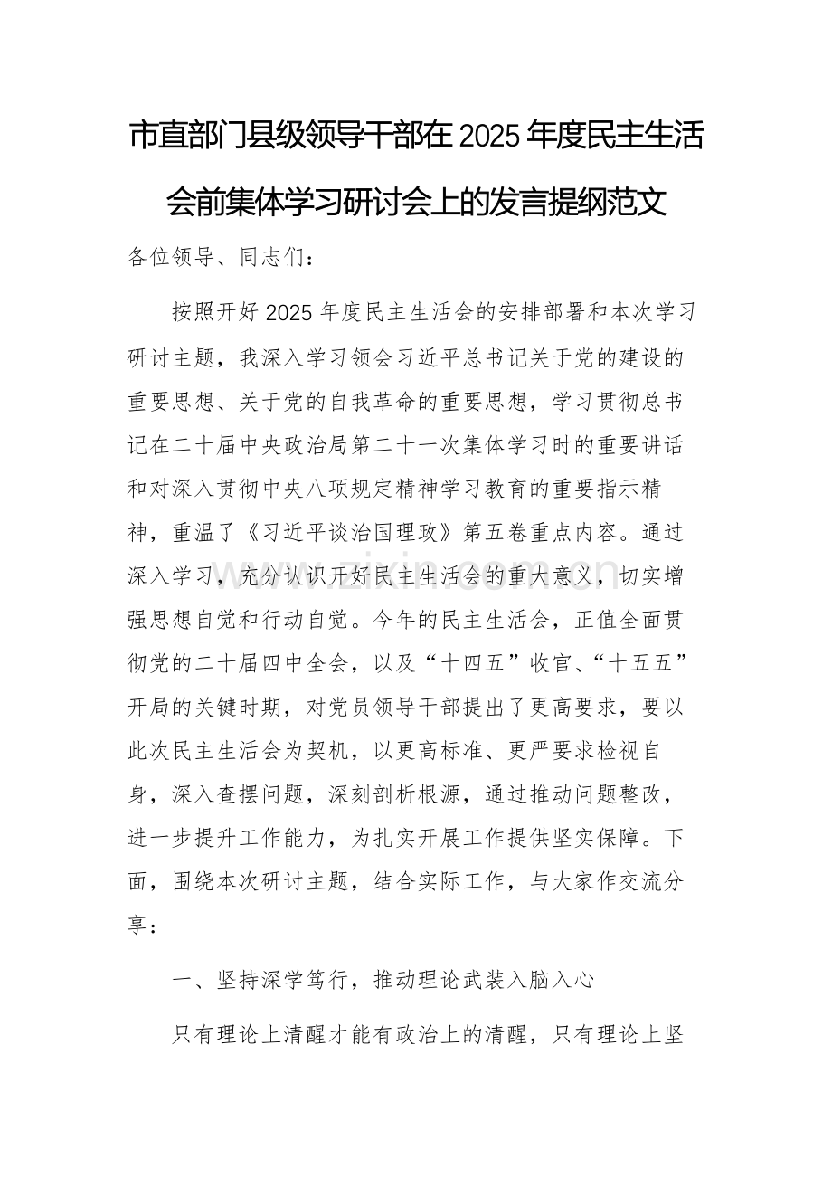领导干部在2025年度民主生活会前集体学习研讨会上的发言提纲文稿.docx_第1页