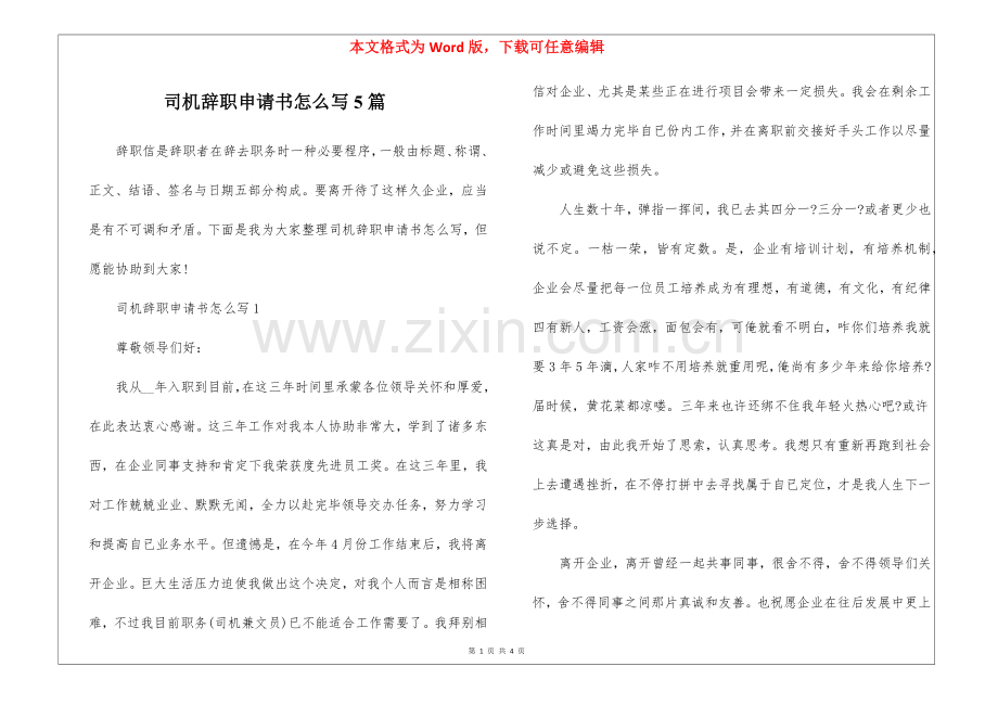 2025年司机辞职申请书怎么写5篇.docx_第1页