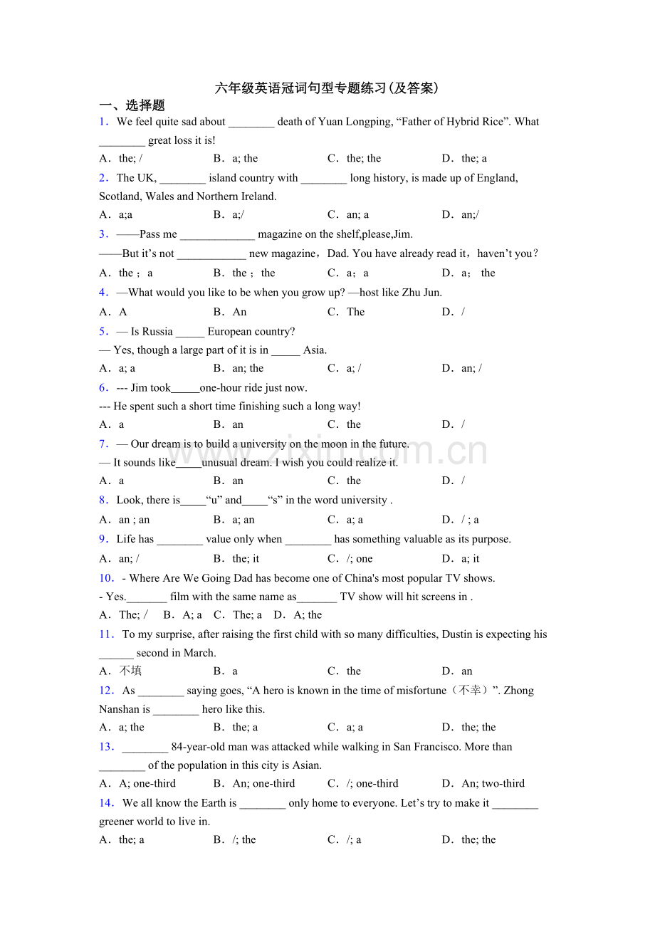 2025年六年级英语冠词句型专题练习及答案.doc_第1页