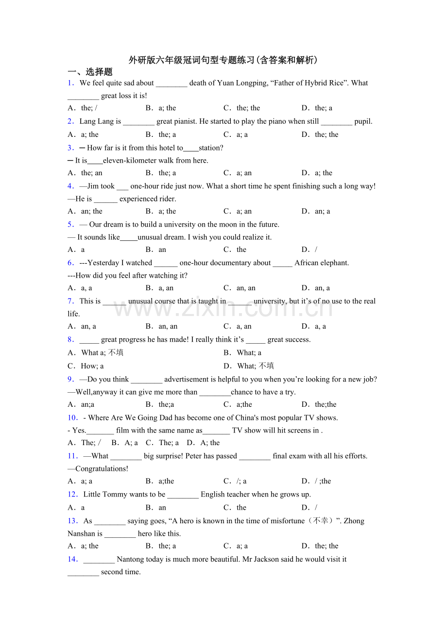 2025年外研版六年级冠词句型专项练习含答案和解析2.doc_第1页