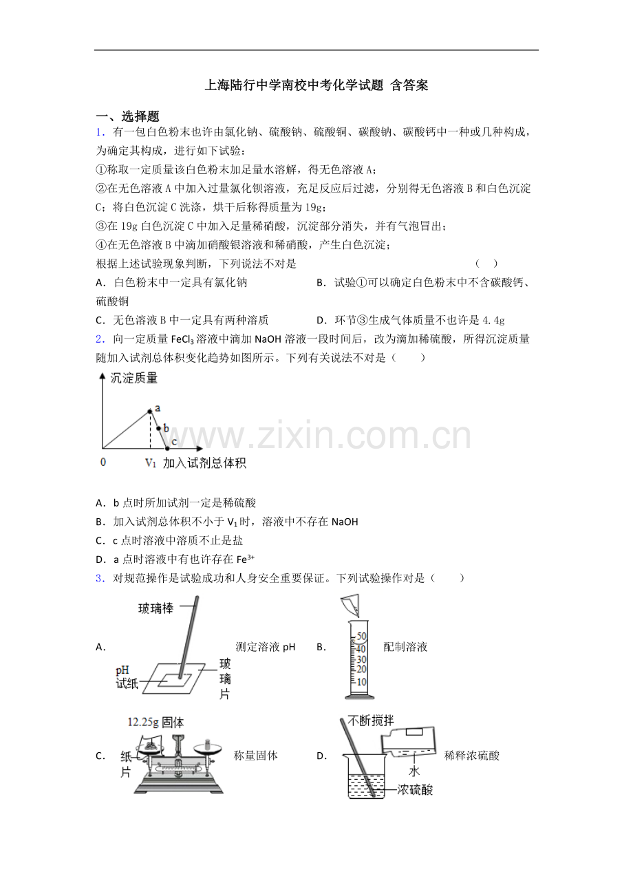2025年上海陆行中学南校中考化学试题含答案.doc_第1页