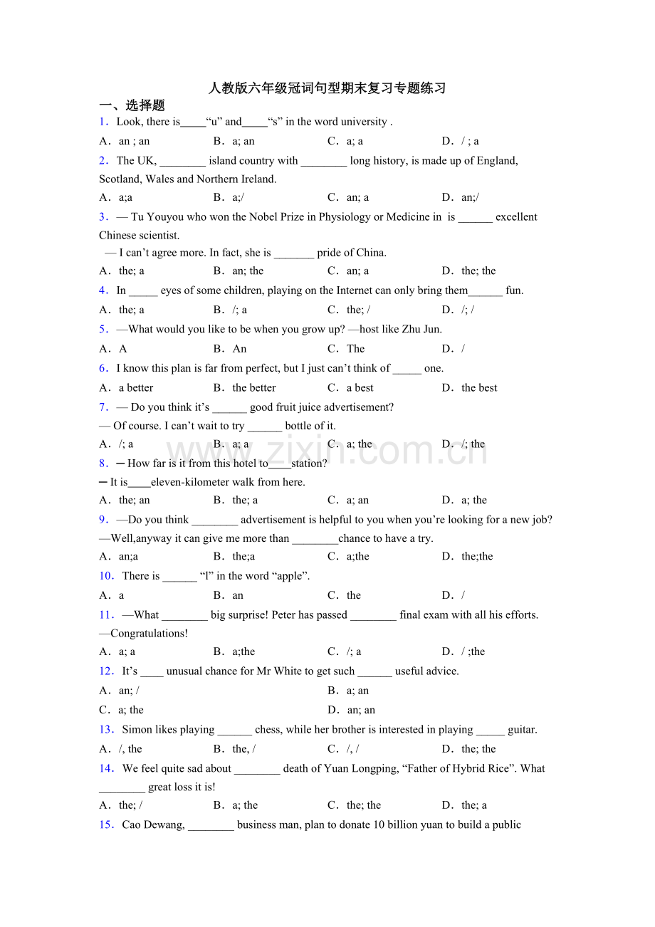 人教版六年级冠词句型期末复习专题练习.doc_第1页
