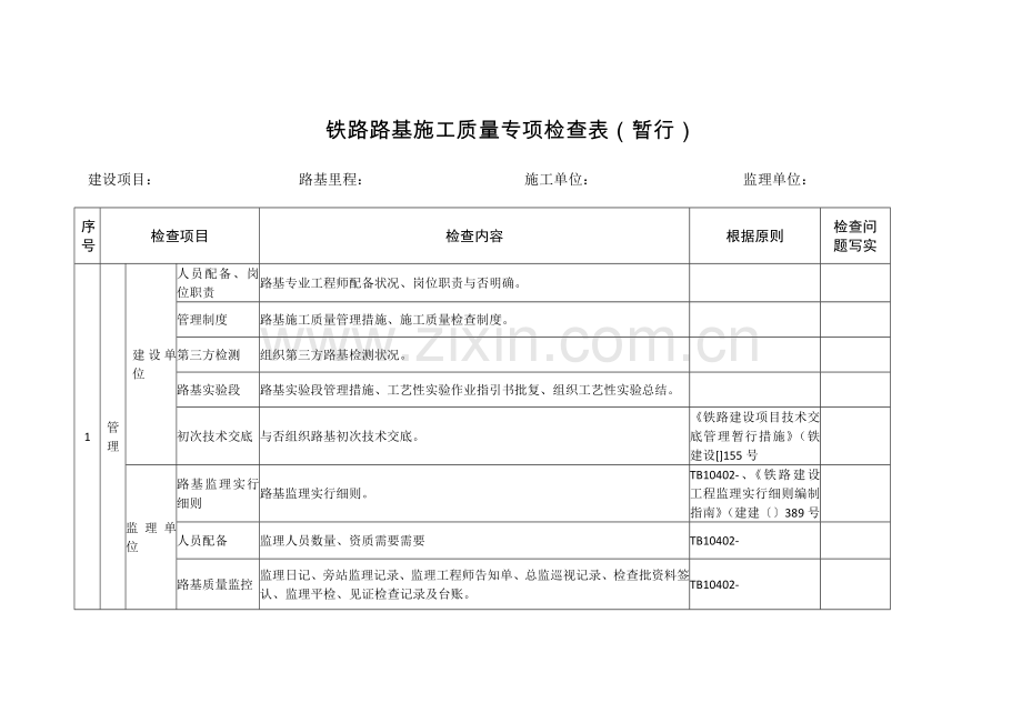 铁路路基施工质量专项检查表0925--就按照个检查.doc_第1页