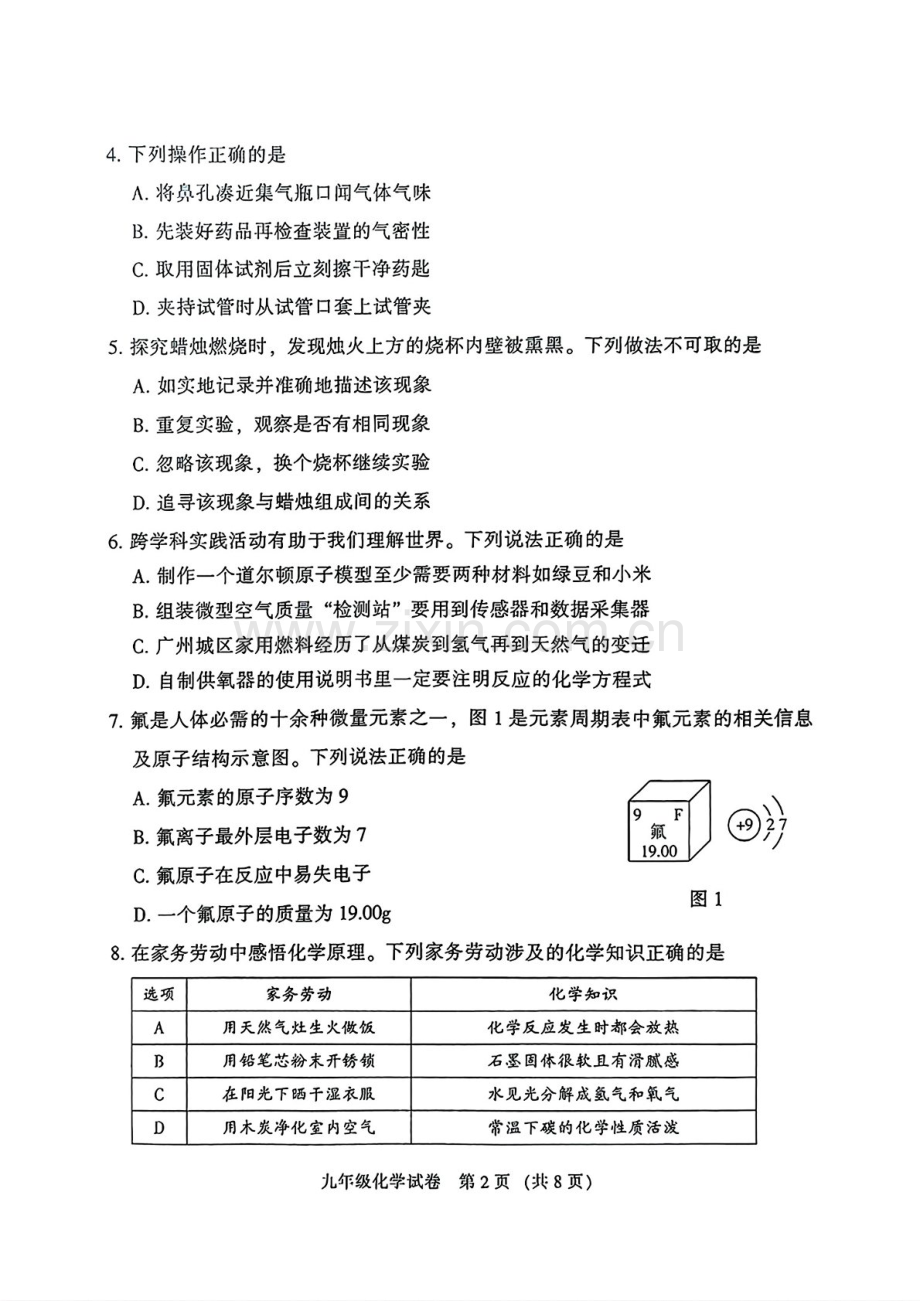 2024-2025学年广东省广州市越秀区九年级上学期化学期末考试试题（含答案）.docx_第2页