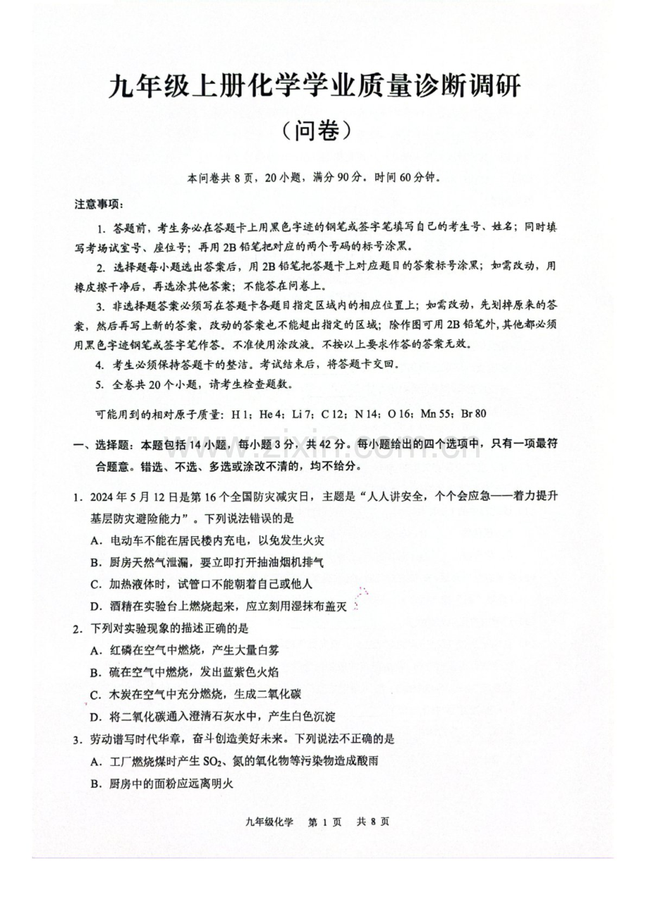 2024-2025学年广东省广州市白云区九年级上学期化学期末考试（含答案）.docx_第1页