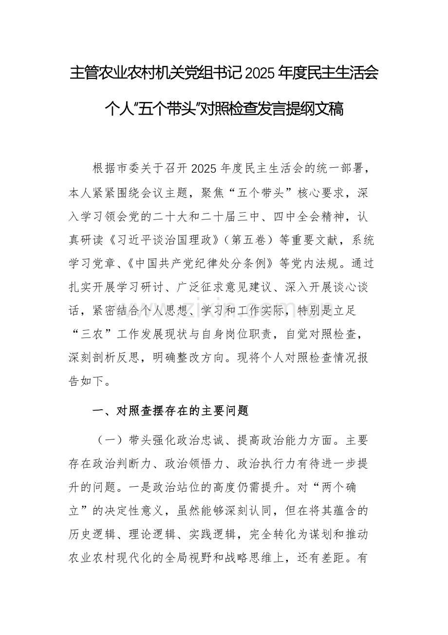 主管农业农村机关党组书记2025年度民主生活会个人“五个带头”对照检查发言提纲文稿.docx_第1页
