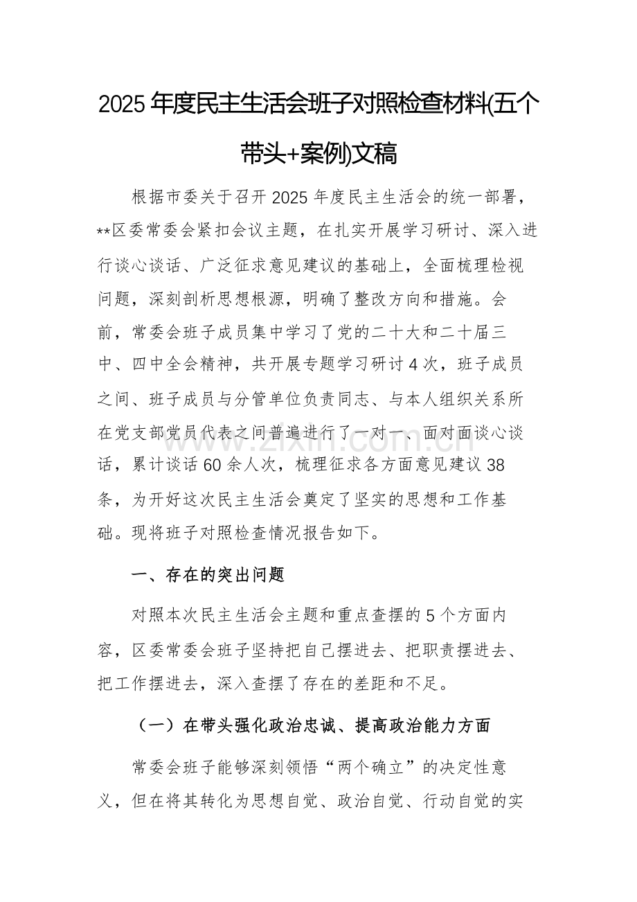 2025年度民主生活会班子对照检查材料(五个带头+案例)文稿.docx_第1页