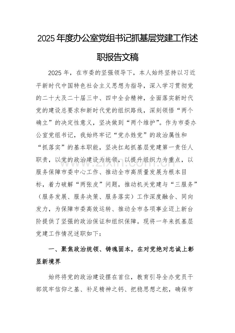 2025年度办公室党组书记抓基层党建工作述职报告文稿.docx_第1页