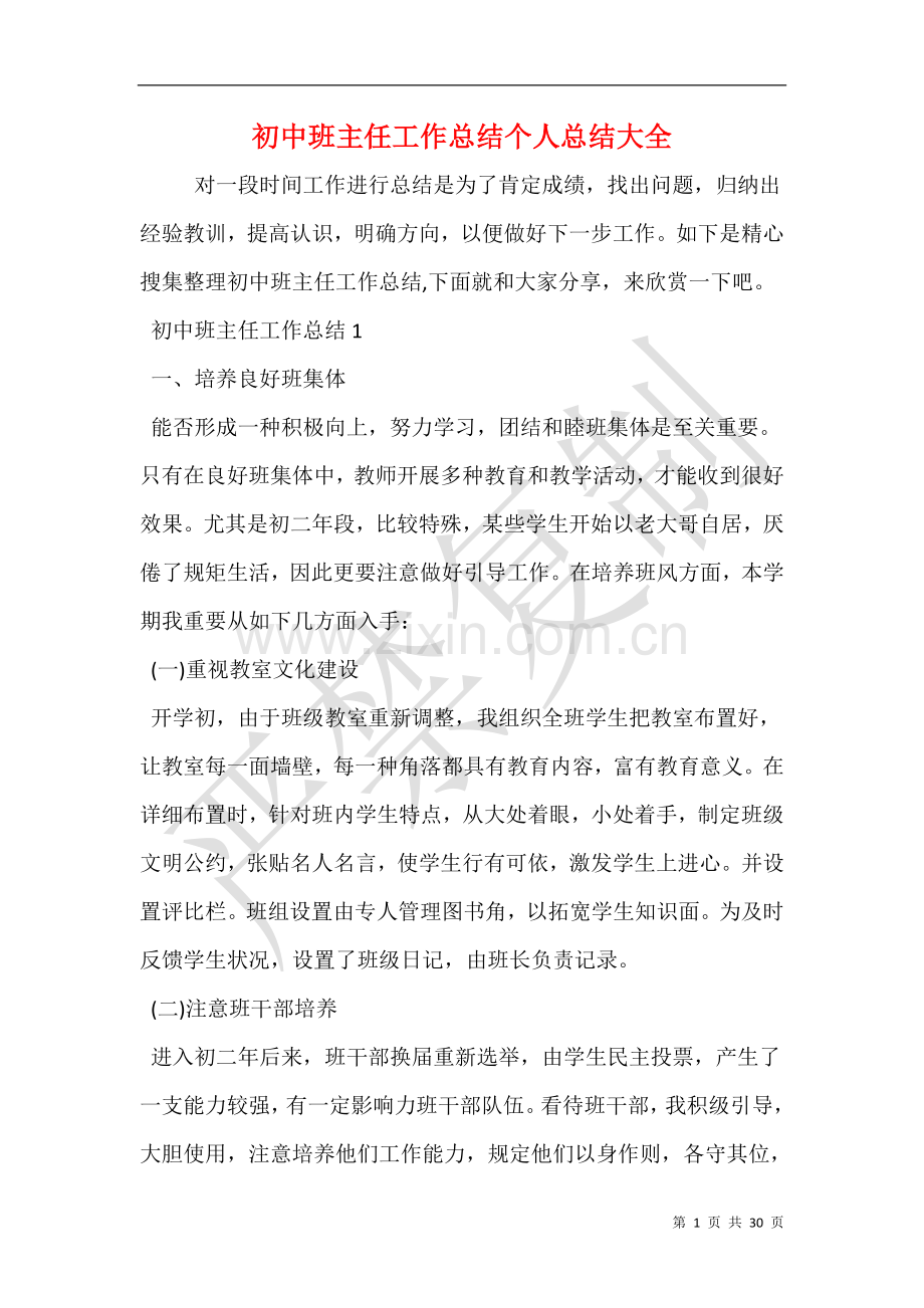 2025年初中班主任工作总结个人总结大全.doc_第1页