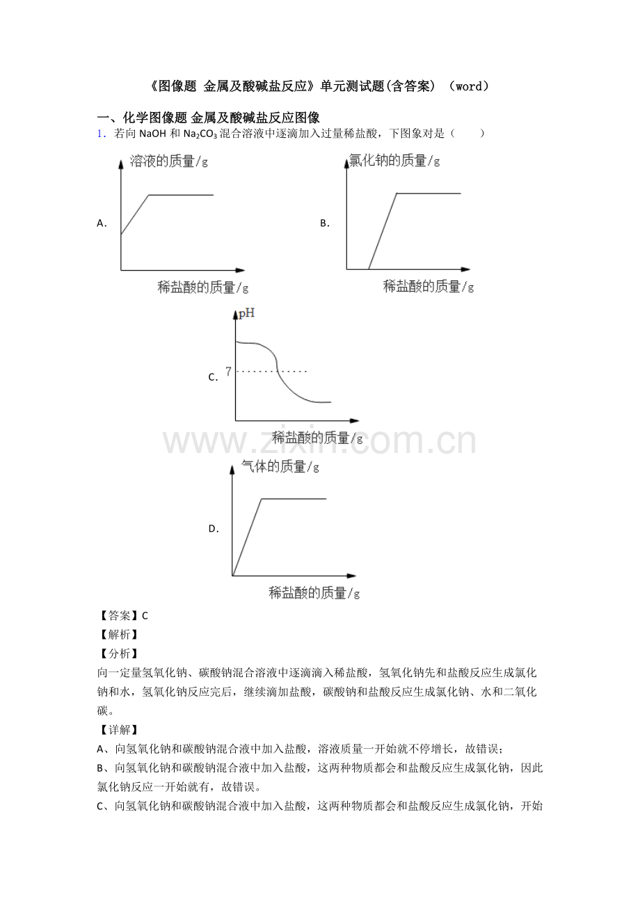 2025年图像题金属及酸碱盐反应单元测试题含答案.doc_第1页