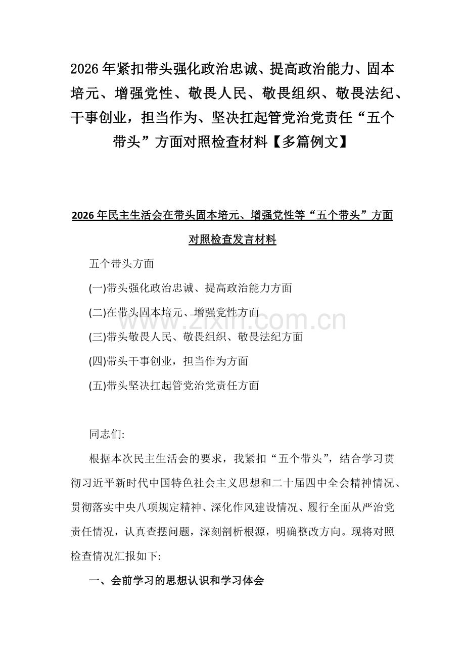 2026年紧扣带头强化政治忠诚、提高政治能力、固本培元、敬畏组织、敬畏法纪、干事创业担当作为、坚决扛起管党治党责任“五个带头”方面对照检查材料【多篇文】.docx_第1页