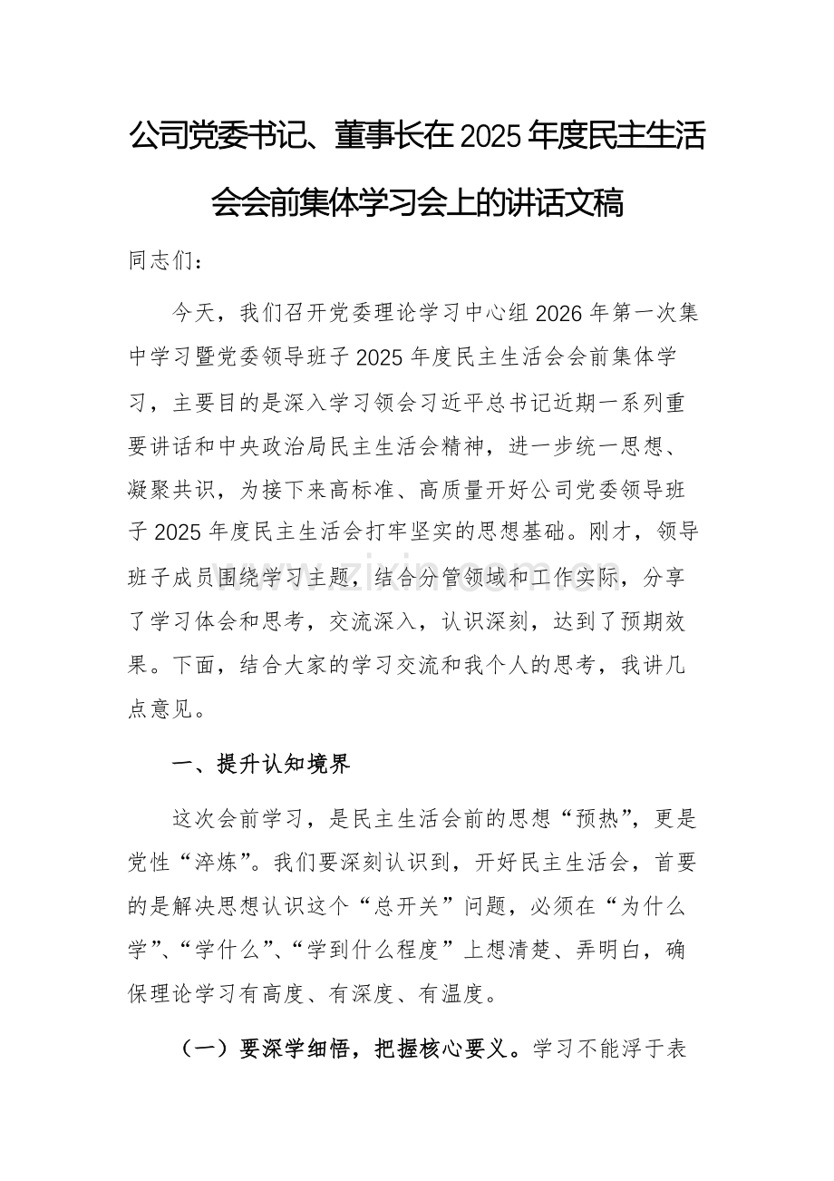 公司党委书记、董事长在2025年度民主生活会会前集体学习会上的讲话文稿.docx_第1页
