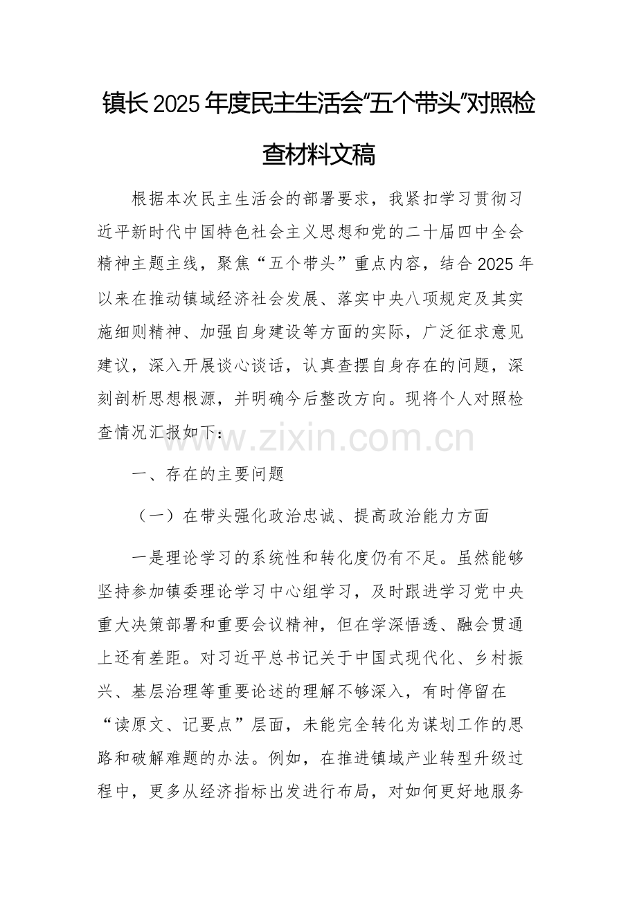 镇长2025年度民主生活会“五个带头”对照检查材料文稿.docx_第1页