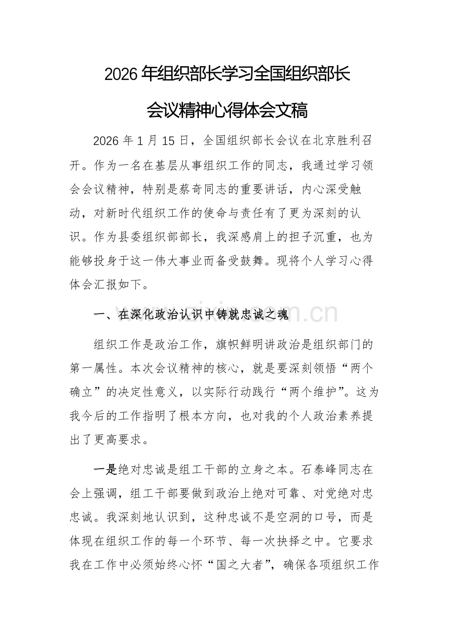 2026年组织部长学习全国组织部长会议精神心得体会文稿.docx_第1页
